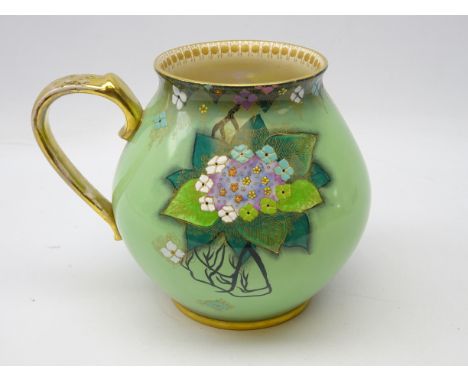 Carlton Ware 'Lace Cap Hydrangea' pattern jug c1930, decorated with gilt floral sprays on green ground, pattern no. 3966, H17