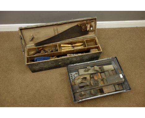 Vintage tools in stained box and wooden planes   Condition Report   Click here for further images, condition, auction times &