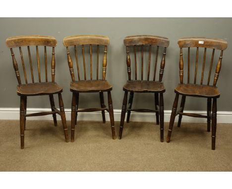 Set four 19th century farmhouse stick back chairs, shaped elm seats on turned supports (4)   Condition Report   Click here fo