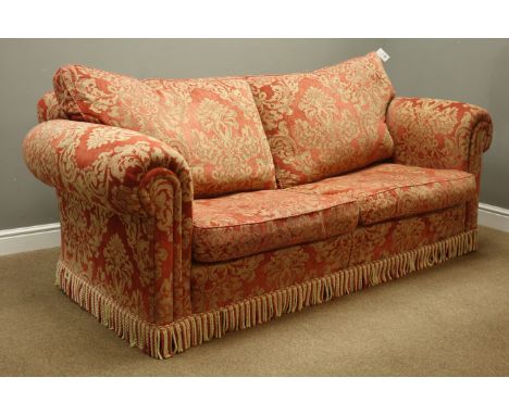 Duresta two seat traditional sofa upholstered in red and gold fabric with feather back cushions, W200cm   Condition Report   