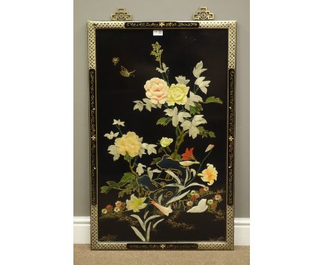 Large Japanese black lacquered panel decorated with floral Shibayama, 61cm x 91cm   Condition Report   Click here for further