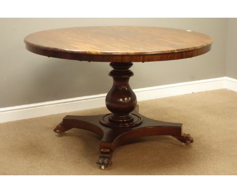 19th century and later mahogany dining table, fixed circular figured top on turned column, platform base with carved paw feet