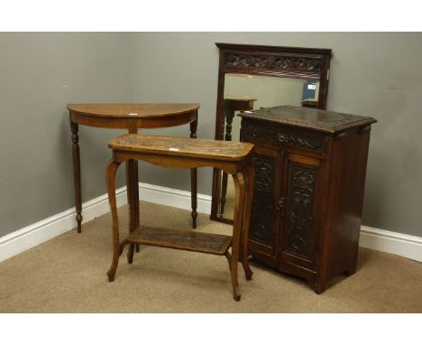 Early 20th century carved beech side cabinet, single drawer above two doors (W55cm, H78cm, D38cm), demi-lune console table, c