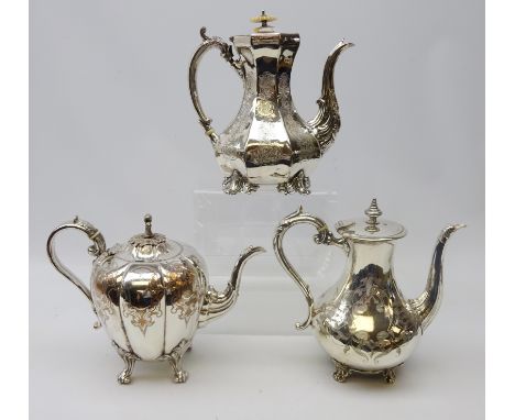 Two Victorian silver-plated coffee pots and teapot, of lobed form, all having foliate engraved motifs on cast scroll feet (3)