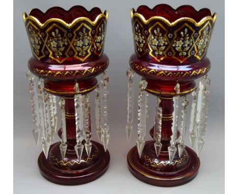 Pair Victorian ruby glass lustres, gilt and enamelled floral panels & coronet shaped top, H36.5cm    Condition Report  One ha
