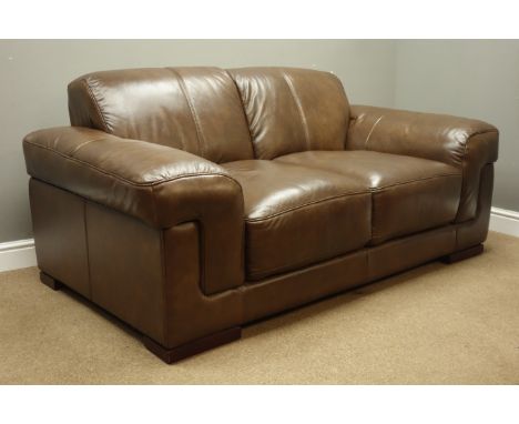 Two seat sofa upholstered in brown leather, L175cm   Condition Report  Excellent condition Click here for further images, con