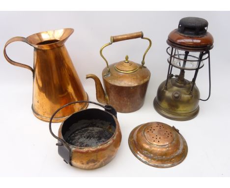 Brass Tilley Lamp with red enamel chimney, copper kettle, copper 3 litre jug, Indian copper bowl with iron handle and a strai