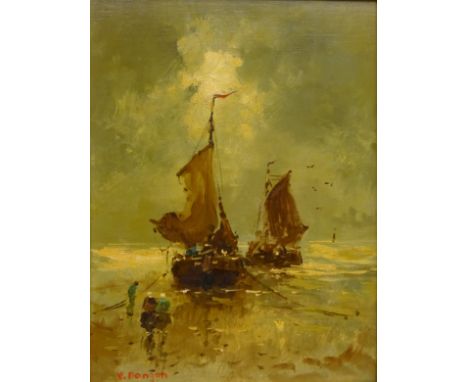 Fishing Boats on the Shoreline, Dutch 20th century oil on  panel signed Van Dongan 39cm x 29cm   Condition Report   Click her