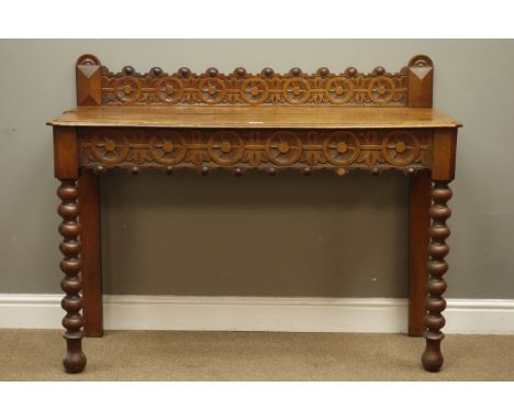 Victorian oak bobbin turned side table with side drawer, carved shaped back, W119cm, D44cm   Condition Report   Click here fo