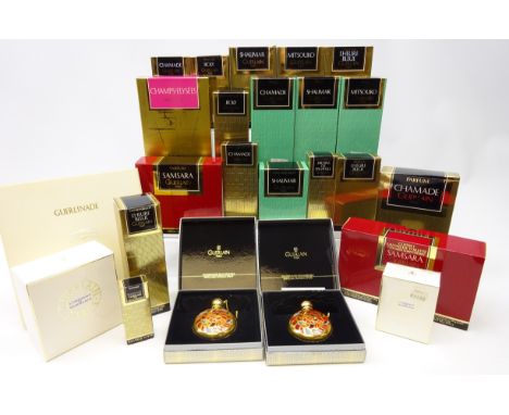 Large collection of Guerlain perfume; two refillable Les Meteorites perfumes Shalimar & Samsara 7,5ml both with contents, Gue