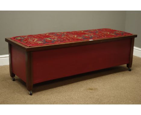 Red painted trunk with upholstered top, W128cm, H42cm, D46cm    Condition Report   Click here for further images, condition, 