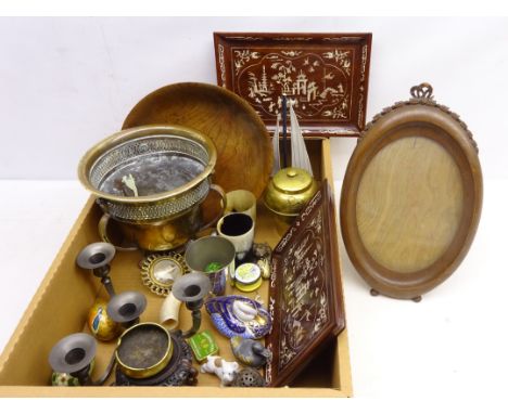 Lipton brass tea caddy, a souvenir from the 1925 British Empire Exhibition, 19th century partially carved whale tooth, Crumml