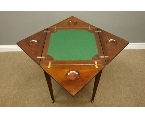 Edwardian mahogany and satinwood banded envelope card table, baize lined interior with sunken counter wells, single drawer, o