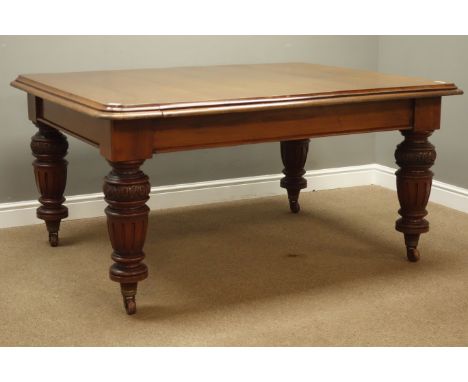 Victorian mahogany rectangular dining table on carved and fluted supports, ceramic castors, 155cm x 124cm, H76cm   Condition 