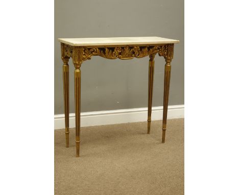 Late 20th century carved gilt wood console table on turned reeded supports with rectangular marble top, W76cm, H76cm, D31cm  