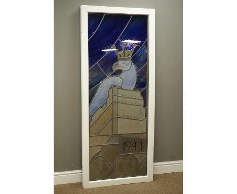 Double glazed leaded stained glass and painted panel depicting Montecassino monastery 1944 (Battle of Monte Cassino) with eag