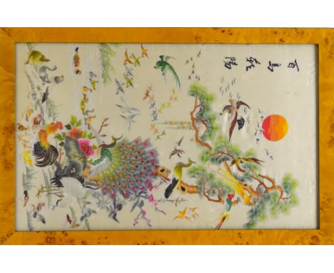 Chinese Republic period silk panel 'A Hundred Birds' decorated with satin stitch embroidery, depicting peacock, hen, cockerel