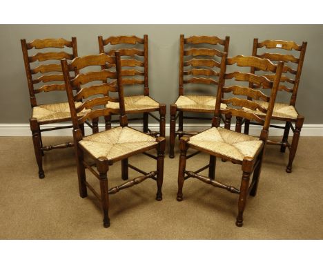 Set six stained beech ladder back dining chairs with rush seats, turned supports with stretchers   Condition Report   Click h