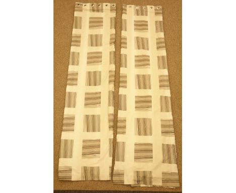 Two pairs lined curtains in geometric striped cube pattern fabric fitted with eyelets, W180cm, fall - 144cm & W248cm, fall - 