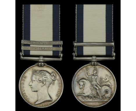 The 2-clasp Naval General Service medal awarded to Joseph Beddows, a Private Royal Marines aboard the Stately at the destruct
