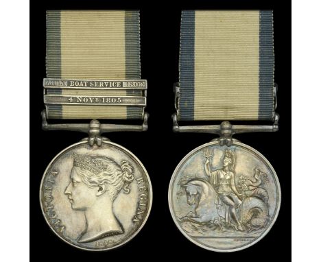 The 2-clasp Naval General Service medal awarded to Commander Edmund Scott, Royal Navy, Midshipman in the Hero at Strachan’s a