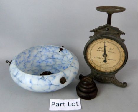 An art glass pendant light shade, a set of scales, various shell dishes and other items. (qty).   