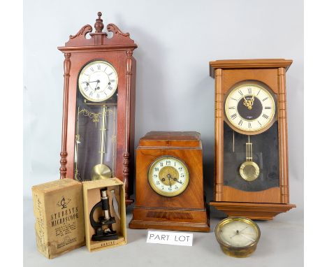 Mahogany Mantle clock with enamel dial, French Metronome, various wall hanhing barometers and a Students MicroscopeBeing sold
