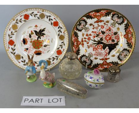 Two Royal Crown Derby Kings Imari plates, Herend trinket box with rose finial, Beswick Beatrix Potter figurines, silver toppe