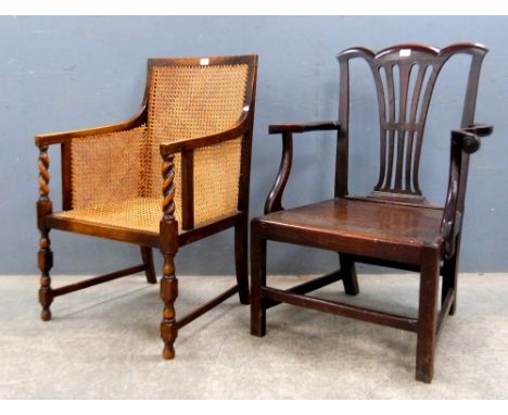 Oak arm chair, another chair and a standard lamp. (3).   
