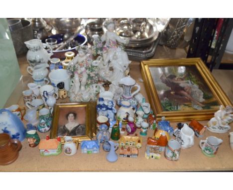AMENDED DESCRIPTION - Various miniature jugs, miscellaneous porcelain and a framed print and two hand-painted miniature portr