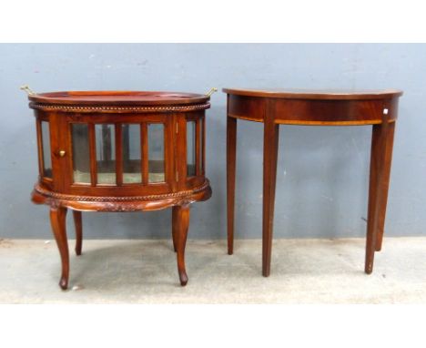 19th century style bijouterie tray topped cabinet and a mahogany side table .   Bijouterie cabinet: overall good condition.  