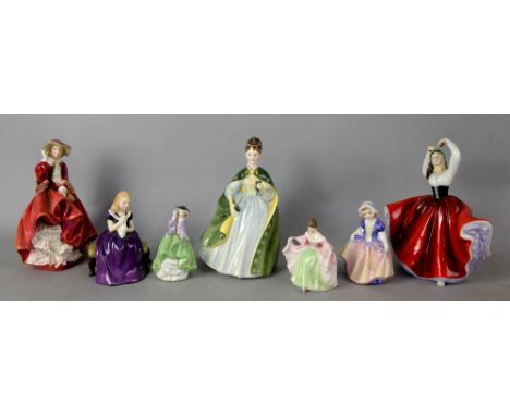 Seven Royal Doulton figures to include Karen (HN2388), Premiere (HN2343), Top o the Hill (HN1834), Top o the Hill (HN2126), A