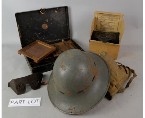 Group of items including  vintage dolls house furniture, dolls chair,  toys, camera plate box, two gas masks, WWII helmet, an