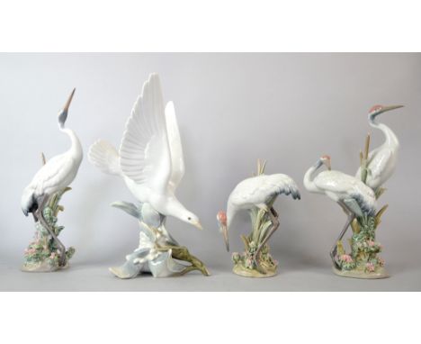 Lladro, three figures of cranes, 1613, 1614, 1611 and a figure of a dove in flight with an olive branch.   Crane 1: losses to