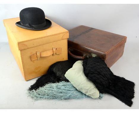 Lincoln Bennett(London) black bowler hat and two black shawls, ladies handbags, brown leather case and small carrying trunk. 
