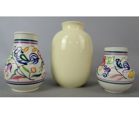 Two Poole Pottery 'LE' pattern vases and a Poole Pottery cream glazed bulbous vase. (3)   .   