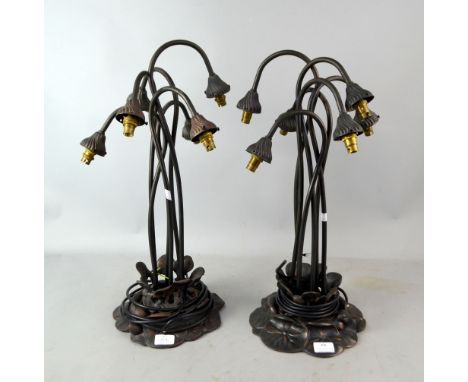 Pair of cast metal six light floral table lamps by Loevsky &amp; Loevsky, New Jersey, USA.   