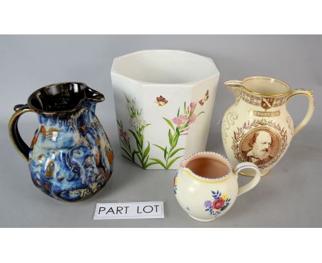 Assorted china jugs including Denby stoneware, Wedgwood Commemorative Tennyson jug, Poole, and various large decorative piece