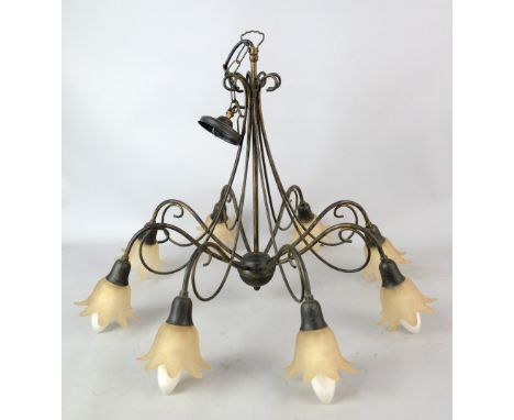 Contemporary chandelier light fitting with eight metal branches to art deco style glass floral shades.   