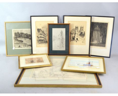 After George Morland, Figures on a cart, pencil sketch, C. S. Hardinge, Gates, watercolour sketch, watercolour, fishing boats