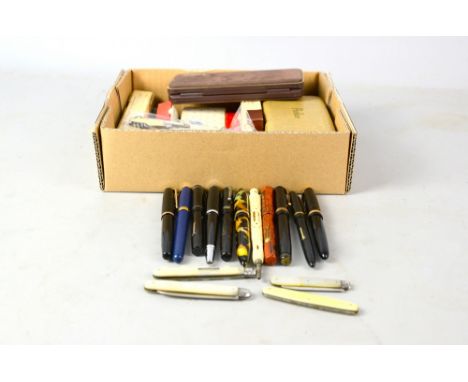 Collection of vintage pens to include Shaffers, Swan, Watermans, Parker, Kingswood, Victorian silver bladed pocket knife Shef
