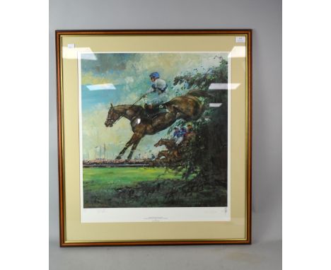 After Claire Eva Burton, signed coloured print, Bob Champion on Aldaniti, No 404/650. 65 x 55 cm.   
