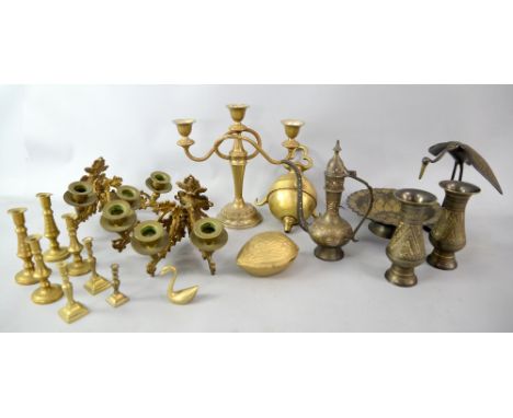 A pair of 19th century style three-branch wall sconces with pineapple finials, three pairs of miniature brass candlesticks, a