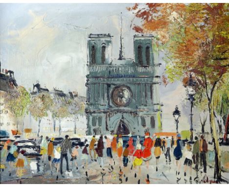 Rutledge, scene of Notre Dame de Paris with figures, signed, oil on canvas, 39cm x 49.5cm,.   