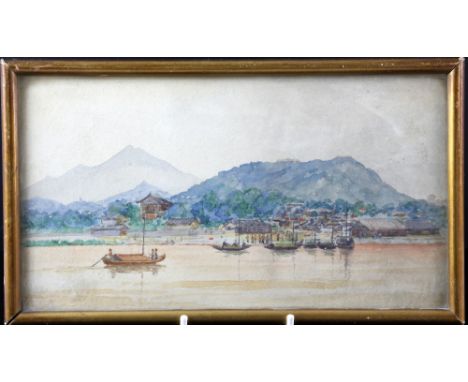 Watercolour depicting Nan King, China;  oil on board Venice 12cm x 14cm and fashion print of ladies' hats .   