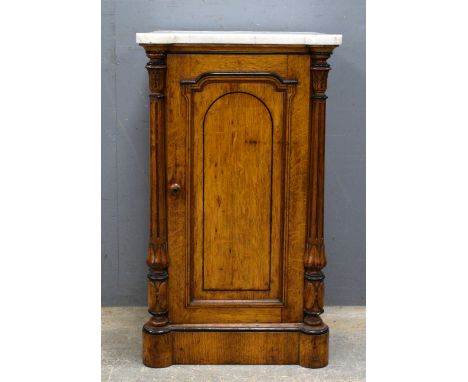 19th century marble topped oak bedside cupboard, 38cm x 77.5cm x 43 cm.   Small losses (see image), marks and wear consistent