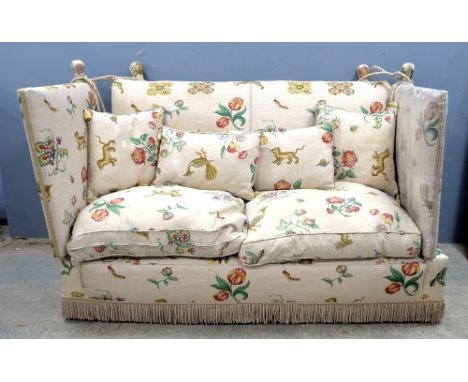 AMENDED DESCRIPTION - Victorian Parker Knoll type sofa upholstered in Mulberry print, back 94 cm high .   Stains to the uphol