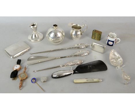 Grenade form silver table lighter and other items, and two 9ct gold ladies watches .   All items are silver, of varying finen