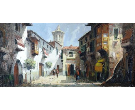 Vallala - continental oil on canvas, village street scene with figures, 60x120cmBeing sold on behalf of Cystic Fibrosis and G