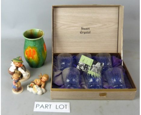 A collection of Hummel figures, a case of Stuart crystal and other decorative ceramics. (qty).   